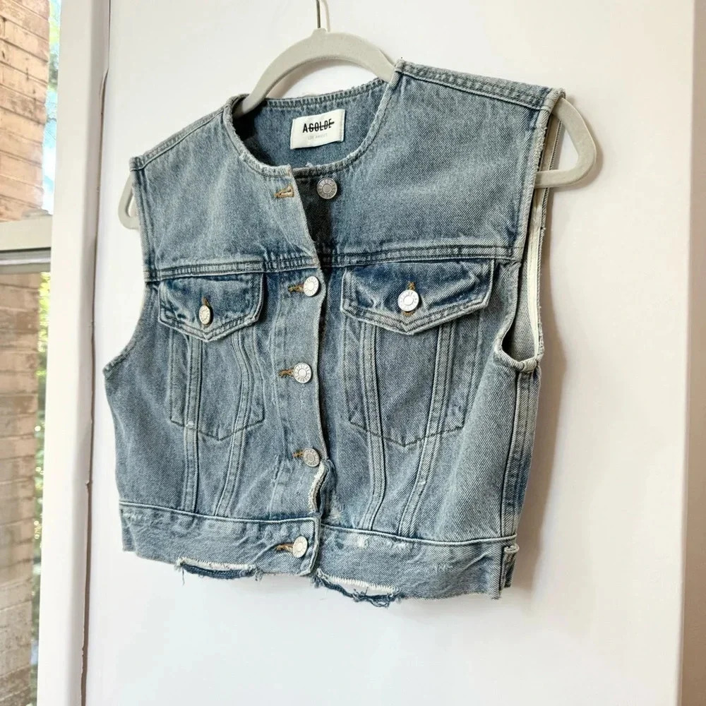 New Agolde Leo Cropped Denim Vest Blue XS - Picture 6 of 14